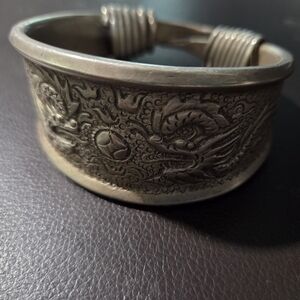 Antique Heavy Chinese Tribal Silver Bangle with Dragons